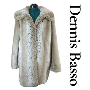 Dennis Basso Faux Fur Spotted Animal Print Coat Cream Tan Medium Luxury Glam